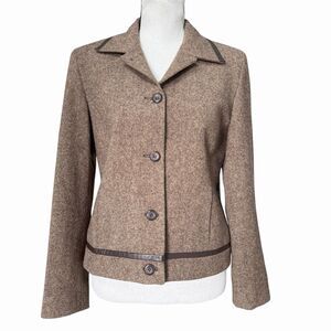 Pendleton Virgin Wool Blazer Women Brown Leather Trim Equestrian Jacket Classic